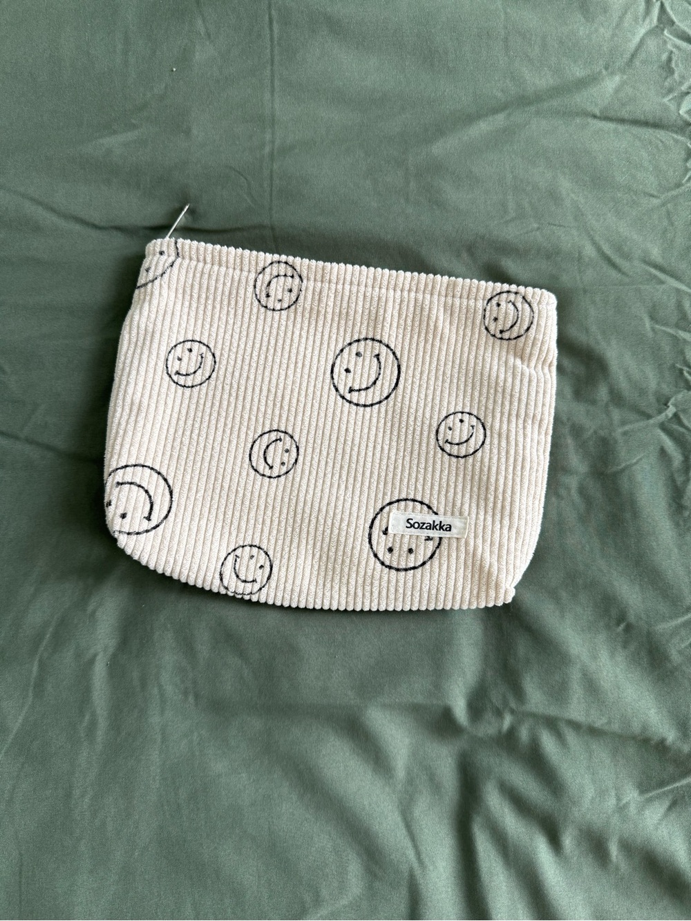 Cream Smiley Corduroy Cosmetic Pouch